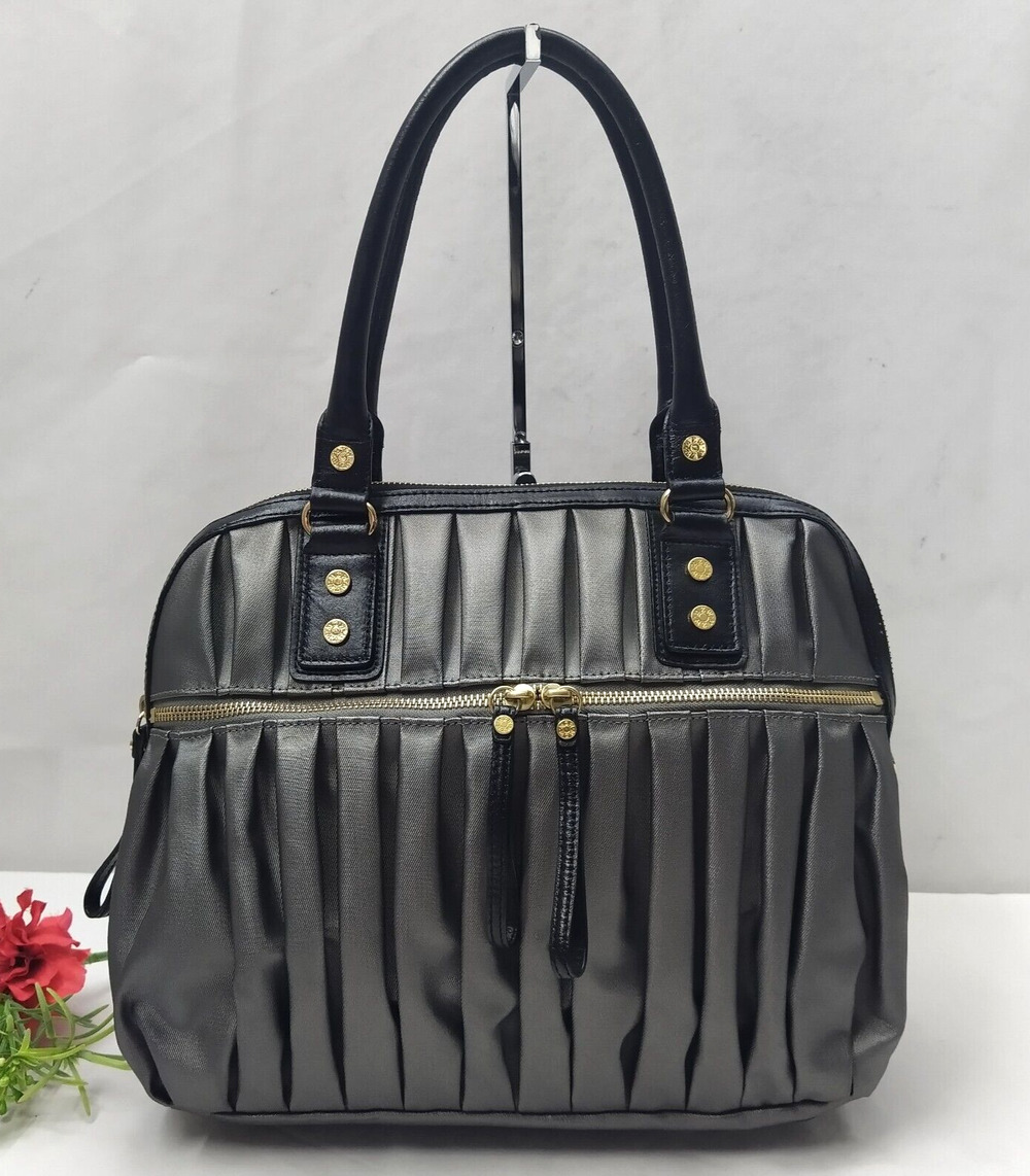 MZ Wallace Gray Nylon Pleated Zipper Pockets Top Handles Satchel Shoulder Bag